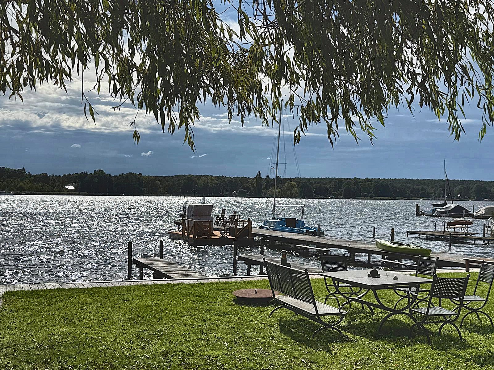 Uferwiese unter der Trauerweide mit Blick auf Stege und Wasser