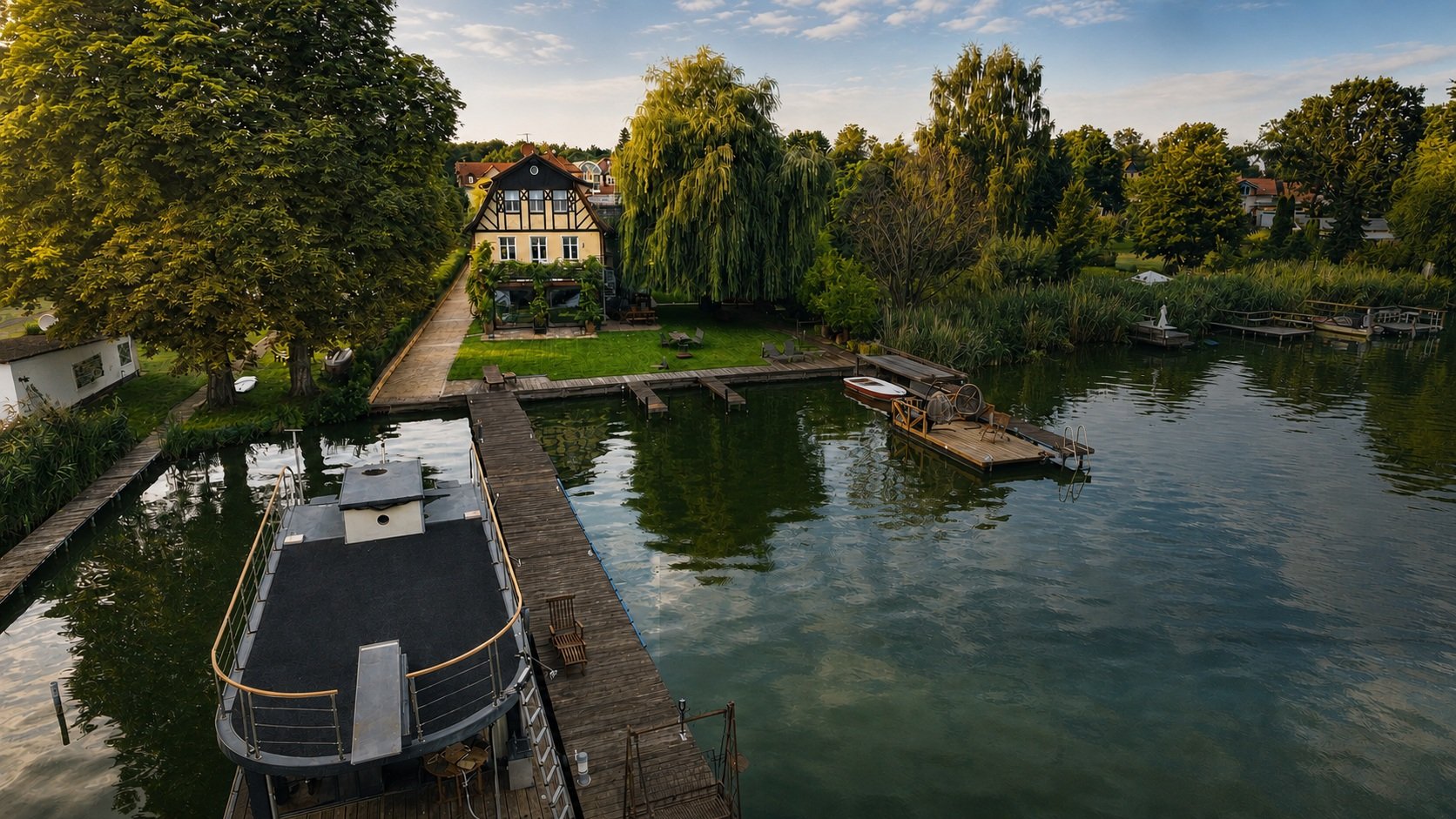 Luftaufnahme der Villa am Krüpelsee in Zernsdorf mit Stegen und Hausboot am Ufer