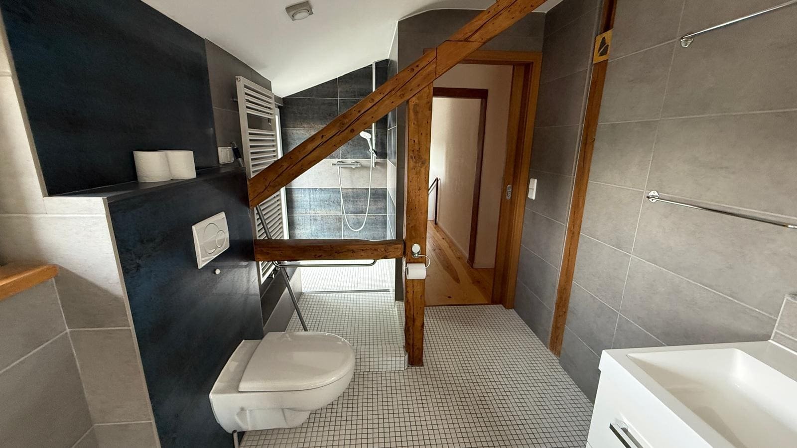Bad mit bodengleicher Dusche, Badewanne und grauen Fliesen